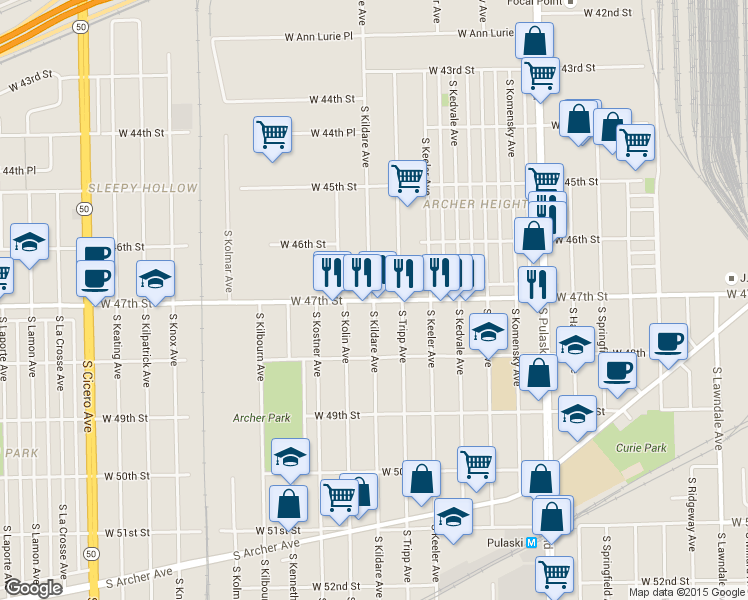 map of restaurants, bars, coffee shops, grocery stores, and more near 4300 West 47th Street in Chicago