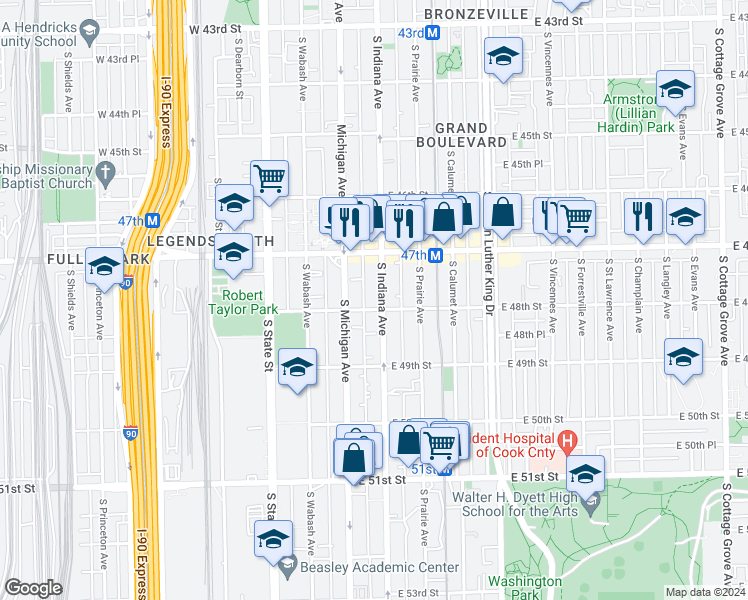 map of restaurants, bars, coffee shops, grocery stores, and more near 4750 South Indiana Avenue in Chicago