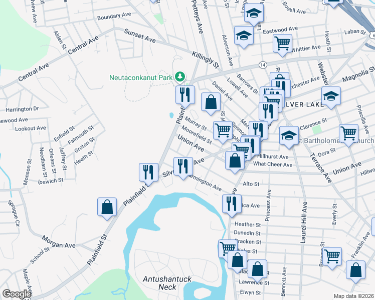 map of restaurants, bars, coffee shops, grocery stores, and more near 684 Union Avenue in Providence