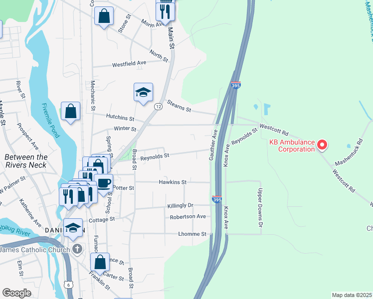 map of restaurants, bars, coffee shops, grocery stores, and more near 136 Reynolds Street in Killingly