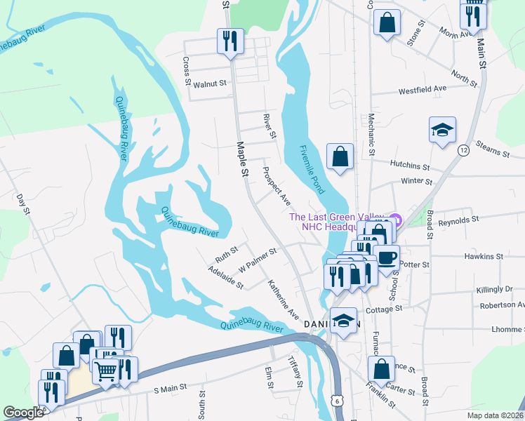 map of restaurants, bars, coffee shops, grocery stores, and more near 176 Maple Street in Killingly