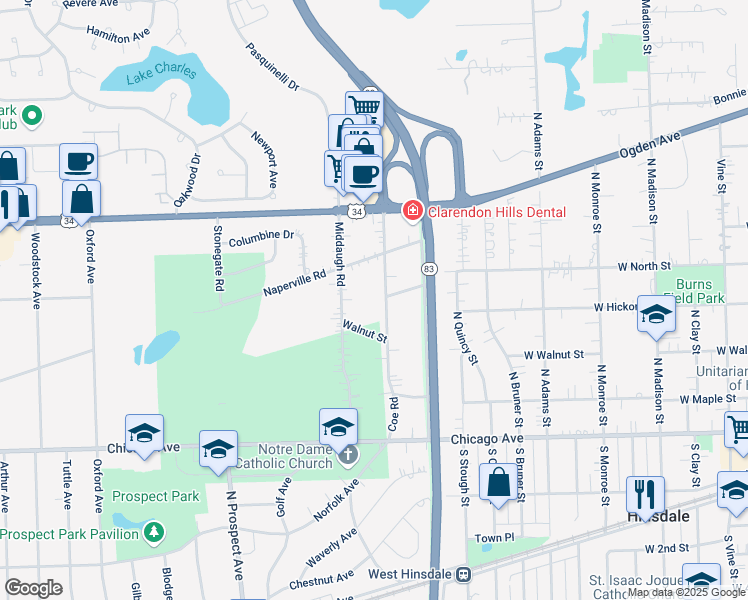 map of restaurants, bars, coffee shops, grocery stores, and more near 256 Coe Road in Clarendon Hills