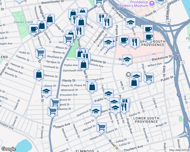 map of restaurants, bars, coffee shops, grocery stores, and more near 45 Wesleyan Avenue in Providence
