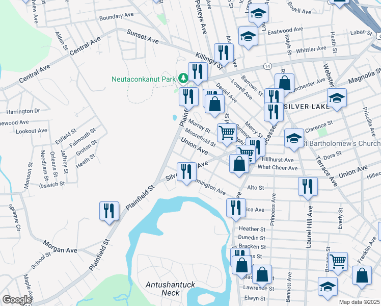 map of restaurants, bars, coffee shops, grocery stores, and more near 684 Union Avenue in Providence