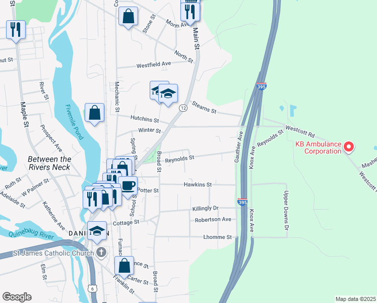 map of restaurants, bars, coffee shops, grocery stores, and more near 50 Capron Street in Killingly