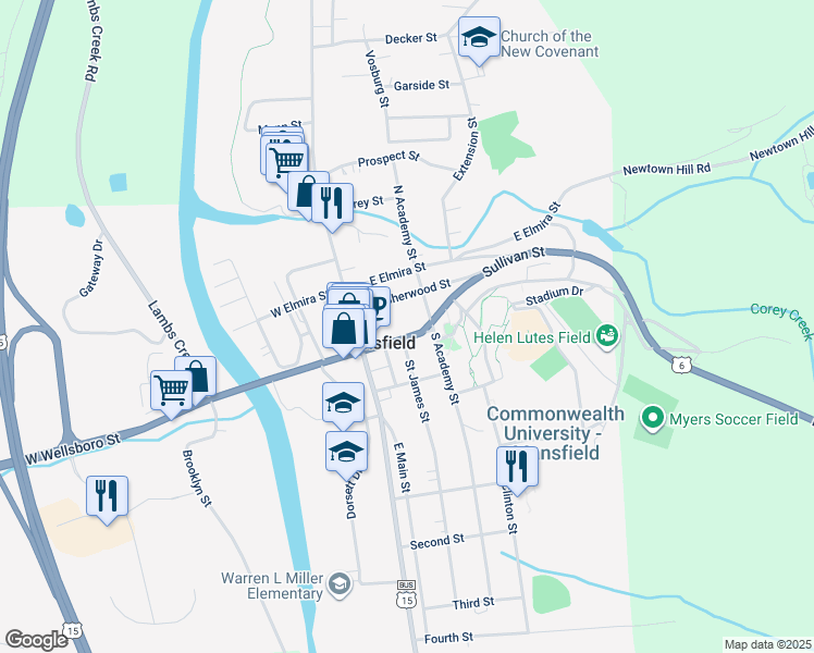 map of restaurants, bars, coffee shops, grocery stores, and more near 61 East Wellsboro Street in Mansfield