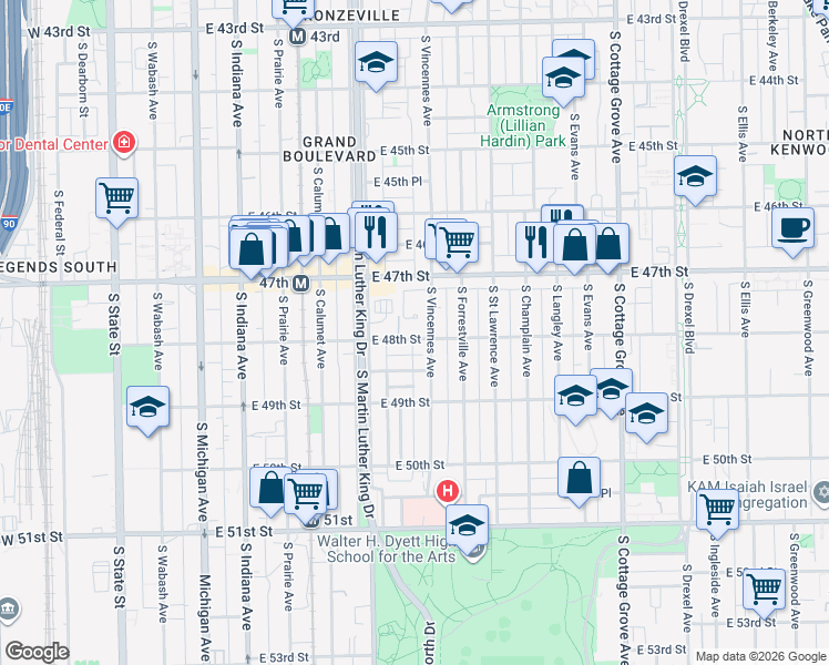 map of restaurants, bars, coffee shops, grocery stores, and more near 434 East 48th Street in Chicago