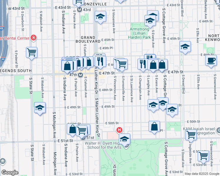 map of restaurants, bars, coffee shops, grocery stores, and more near 434 East 48th Street in Chicago