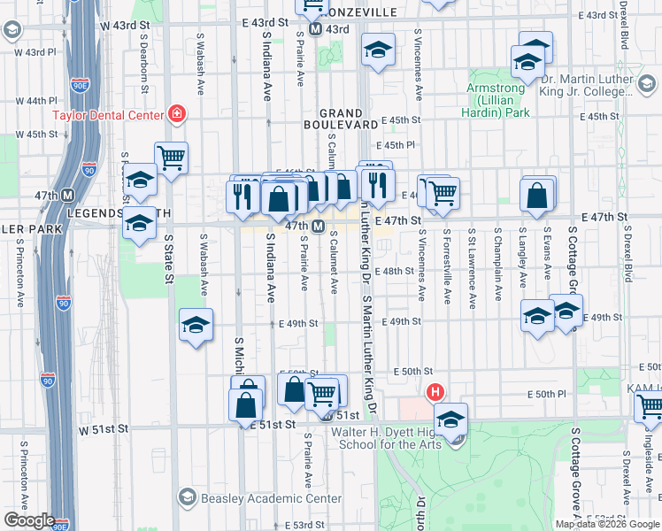 map of restaurants, bars, coffee shops, grocery stores, and more near 4744 South Calumet Avenue in Chicago