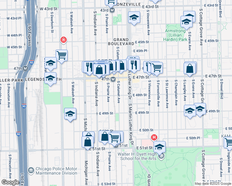 map of restaurants, bars, coffee shops, grocery stores, and more near 4744 South Calumet Avenue in Chicago