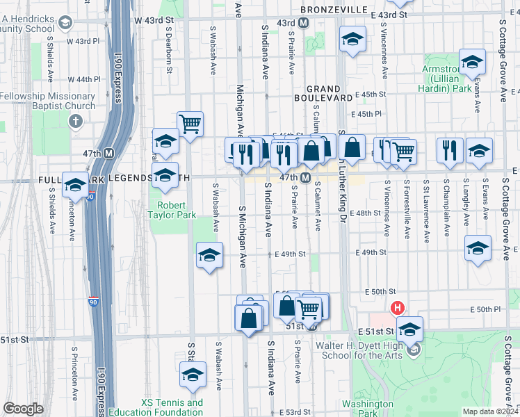 map of restaurants, bars, coffee shops, grocery stores, and more near 4749 South Indiana Avenue in Chicago