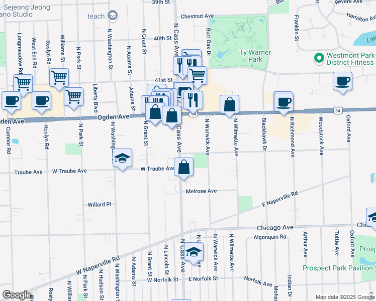 map of restaurants, bars, coffee shops, grocery stores, and more near 501 North Cass Avenue in Westmont