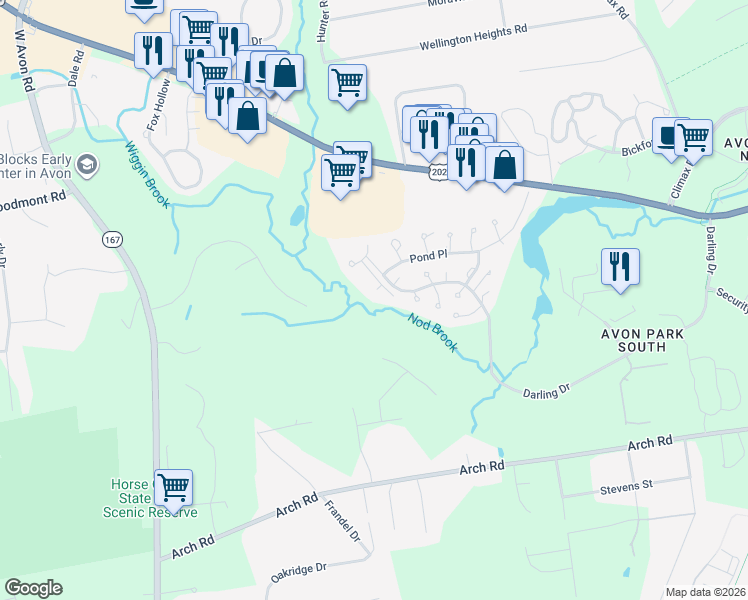map of restaurants, bars, coffee shops, grocery stores, and more near 4 Highland Square in Avon