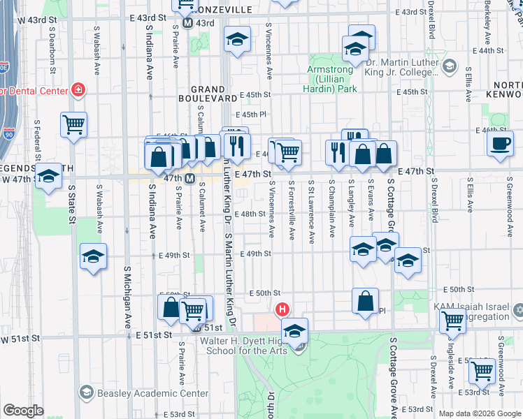map of restaurants, bars, coffee shops, grocery stores, and more near 434 East 48th Street in Chicago