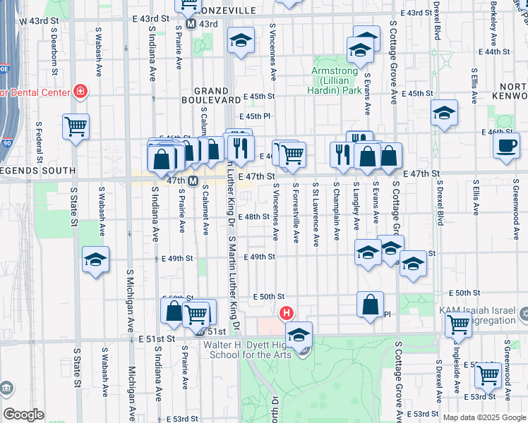 map of restaurants, bars, coffee shops, grocery stores, and more near 434 East 48th Street in Chicago