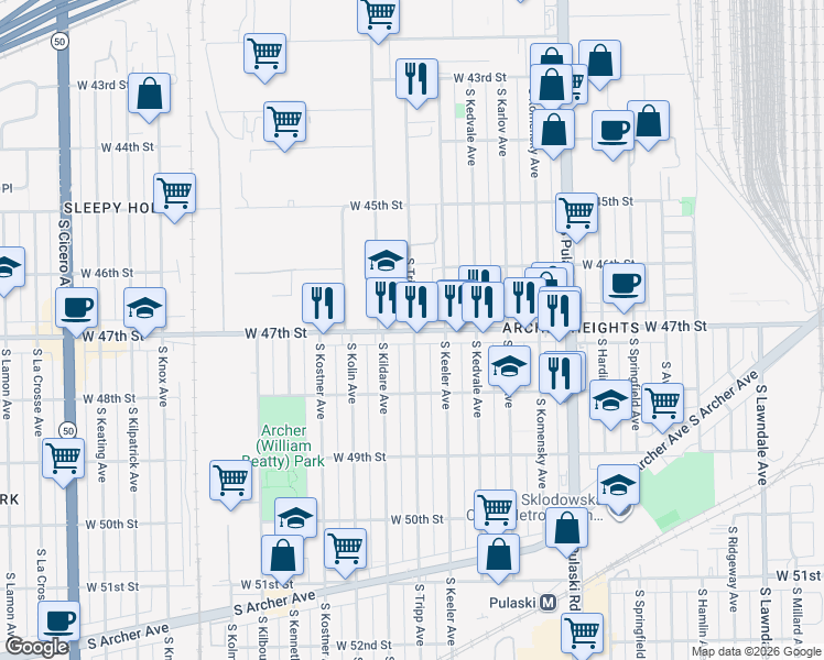 map of restaurants, bars, coffee shops, grocery stores, and more near W 47th St & S Tripp Ave in Chicago