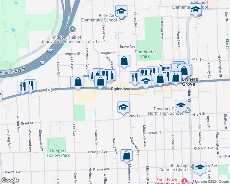 map of restaurants, bars, coffee shops, grocery stores, and more near 1445 Ogden Avenue in Downers Grove