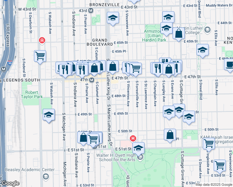 map of restaurants, bars, coffee shops, grocery stores, and more near 4747 South King Drive in Chicago