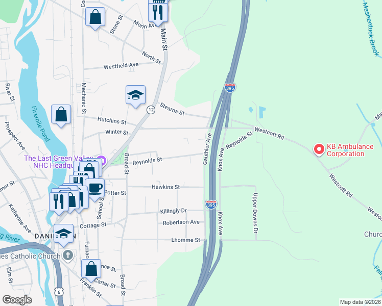 map of restaurants, bars, coffee shops, grocery stores, and more near 152 Reynolds Street in Killingly