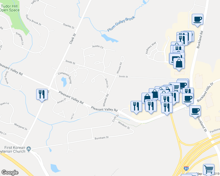 map of restaurants, bars, coffee shops, grocery stores, and more near 24 Arthur Drive in South Windsor