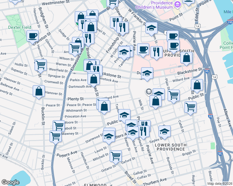 map of restaurants, bars, coffee shops, grocery stores, and more near 44 Taylor Street in Providence