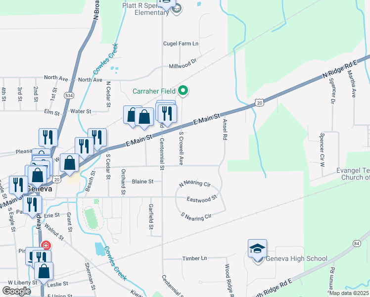map of restaurants, bars, coffee shops, grocery stores, and more near 95 South Crowell Avenue in Geneva