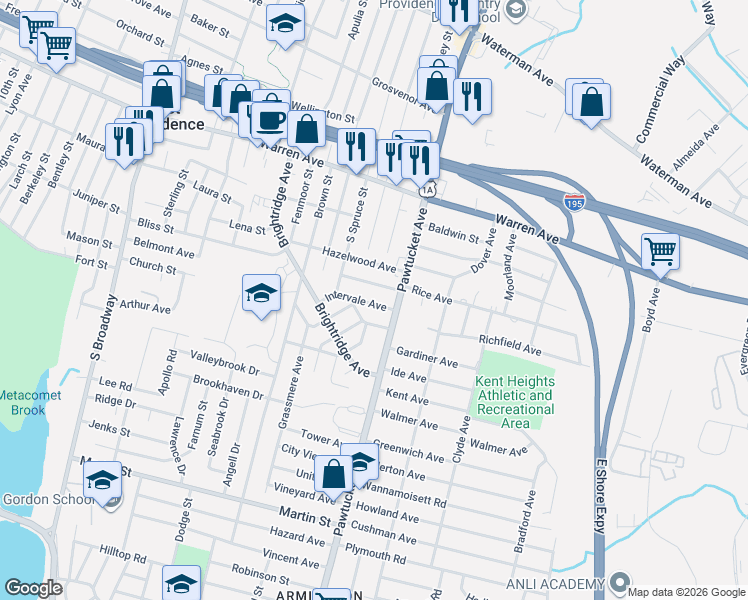 map of restaurants, bars, coffee shops, grocery stores, and more near 17 Intervale Avenue in East Providence