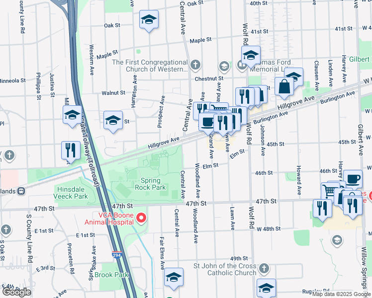 map of restaurants, bars, coffee shops, grocery stores, and more near 4485 Central Avenue in Western Springs