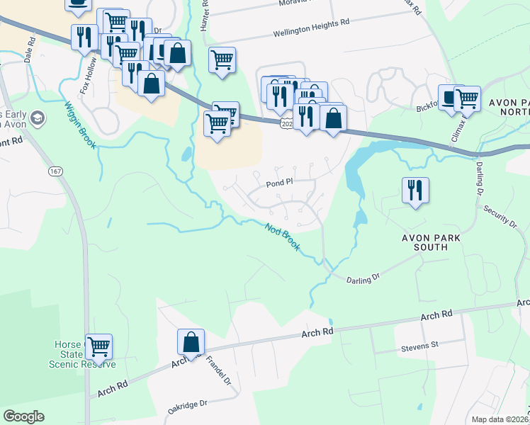 map of restaurants, bars, coffee shops, grocery stores, and more near 1 Jay Court in Avon