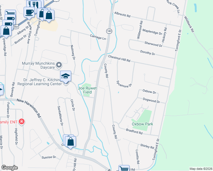map of restaurants, bars, coffee shops, grocery stores, and more near 140 County Rd in Torrington