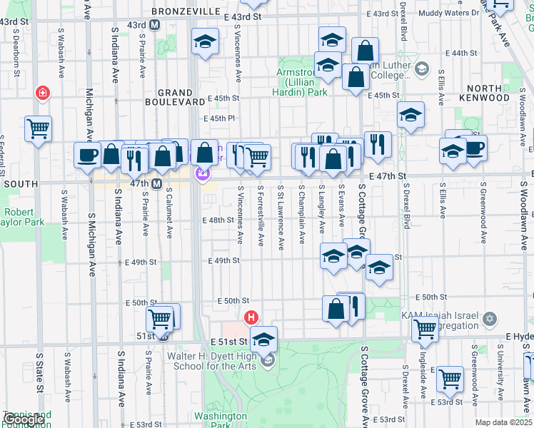 map of restaurants, bars, coffee shops, grocery stores, and more near 4753 South Forrestville Avenue in Chicago