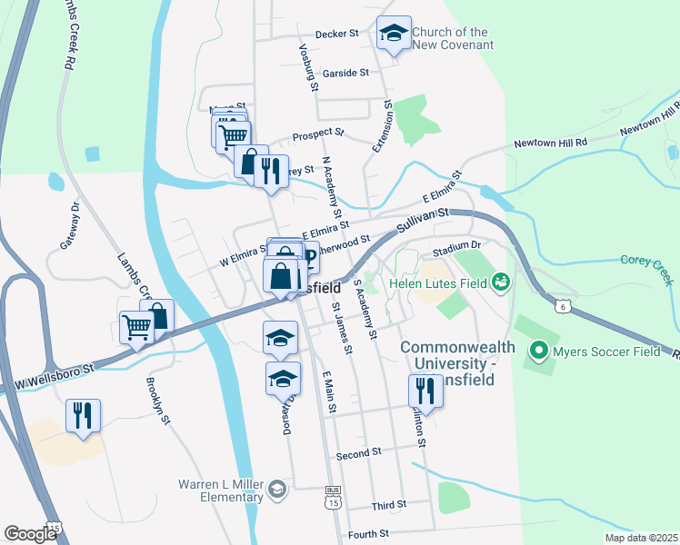 map of restaurants, bars, coffee shops, grocery stores, and more near 61 East Wellsboro Street in Mansfield