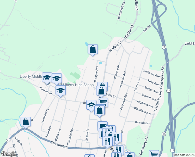 map of restaurants, bars, coffee shops, grocery stores, and more near 229 Sprague Ave in Liberty