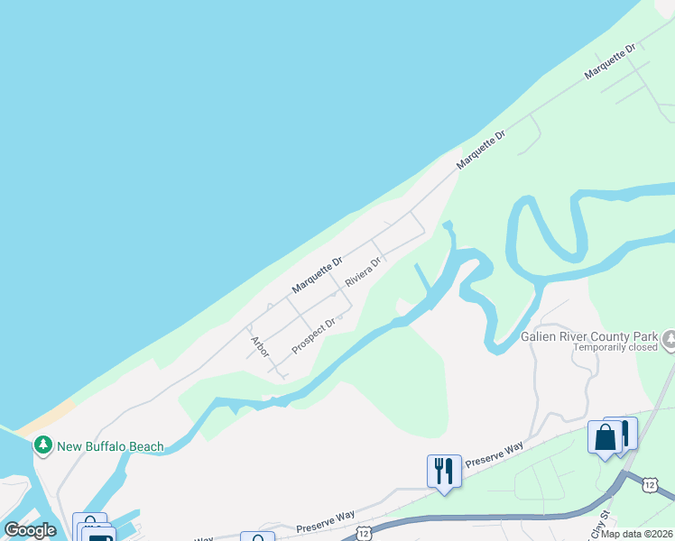 map of restaurants, bars, coffee shops, grocery stores, and more near 11638 Marquette Dr in New Buffalo