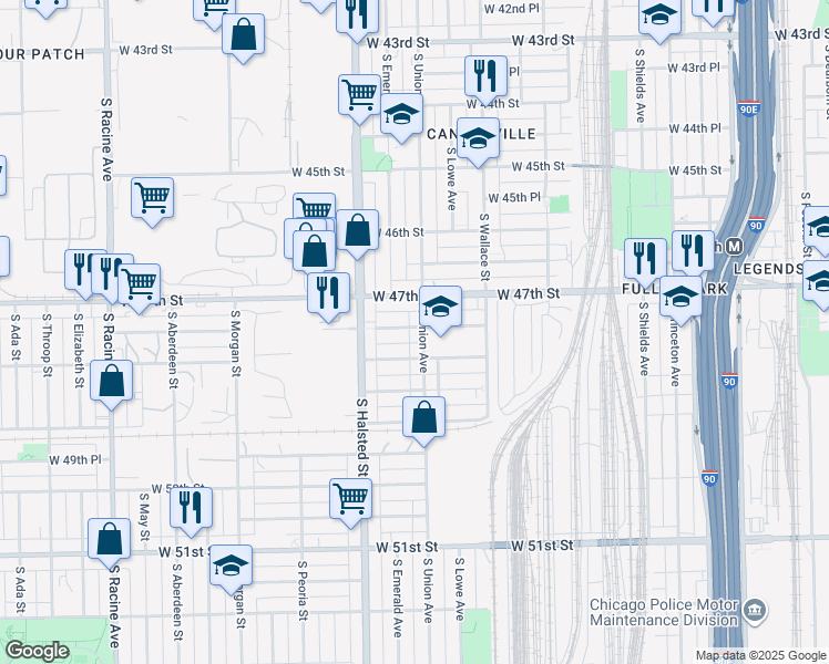 map of restaurants, bars, coffee shops, grocery stores, and more near 4734 South Union Avenue in Chicago
