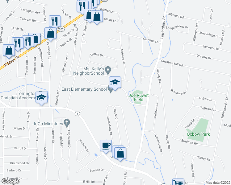 map of restaurants, bars, coffee shops, grocery stores, and more near 215 Hogan Drive in Torrington