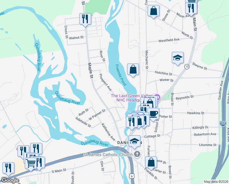 map of restaurants, bars, coffee shops, grocery stores, and more near 70 Prospect Avenue in Killingly