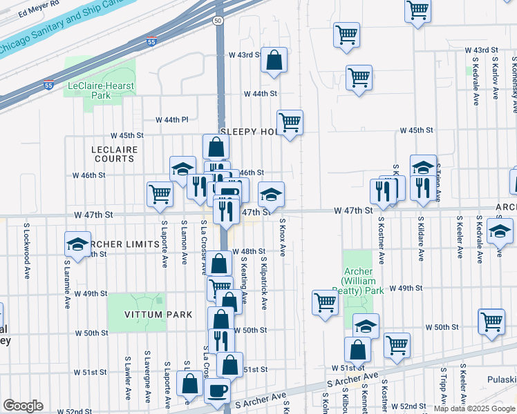 map of restaurants, bars, coffee shops, grocery stores, and more near 4704 West 47th Street in Chicago