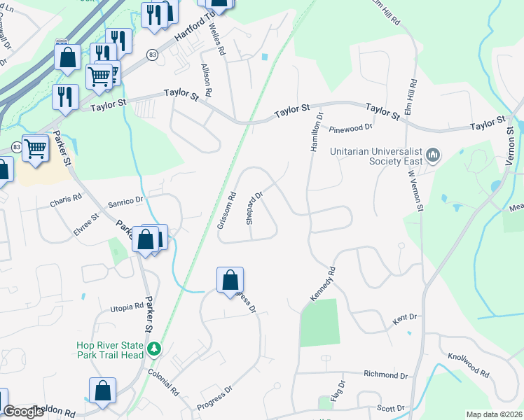 map of restaurants, bars, coffee shops, grocery stores, and more near 332 Grissom Road in Manchester