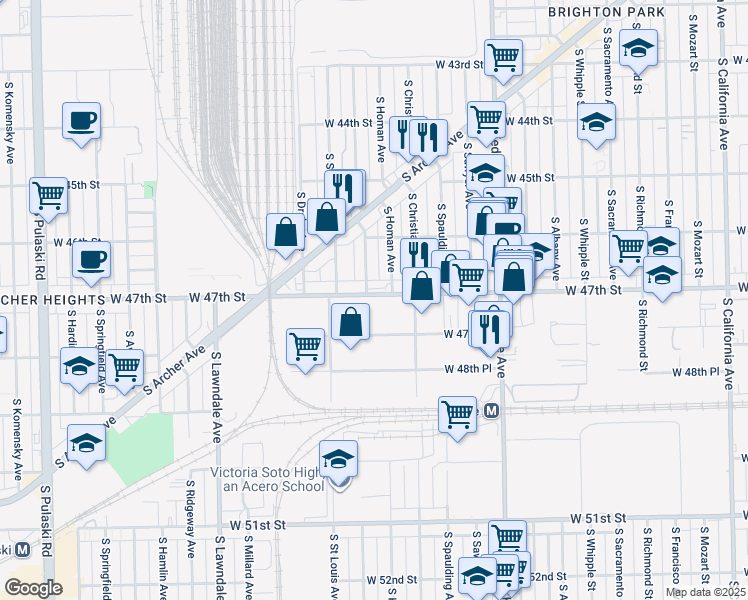map of restaurants, bars, coffee shops, grocery stores, and more near 1265 West 47th Street in Chicago