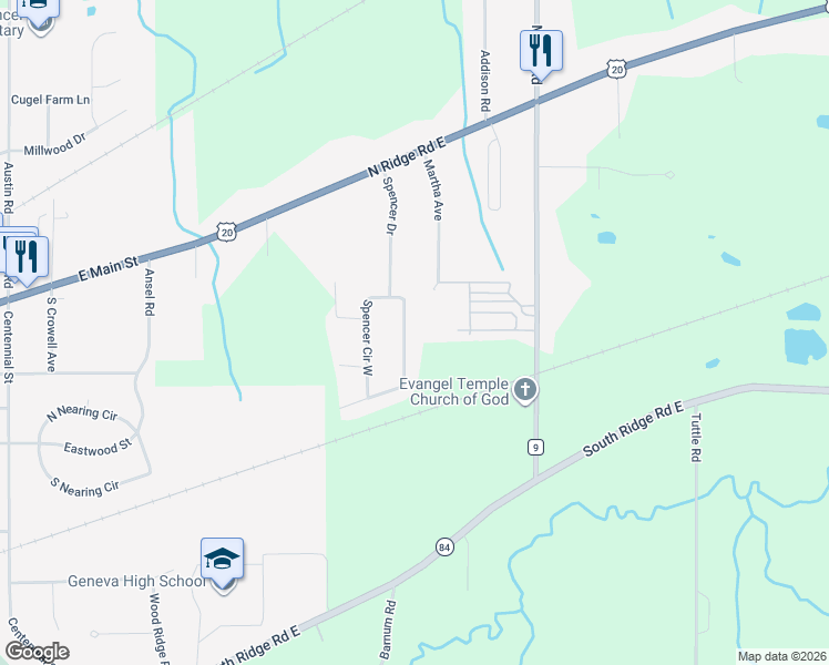 map of restaurants, bars, coffee shops, grocery stores, and more near 3060 Spencer Circle West in Geneva