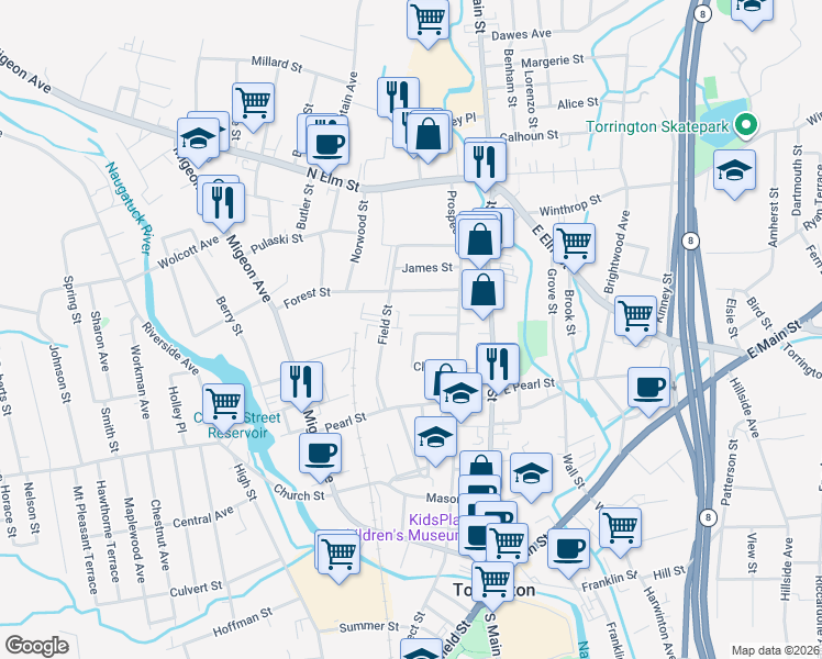 map of restaurants, bars, coffee shops, grocery stores, and more near 49 Clinton Street in Torrington