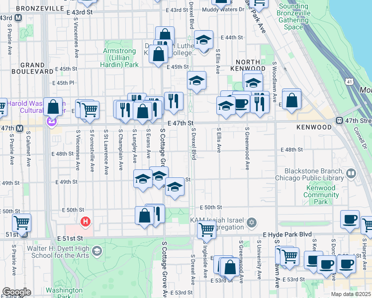 map of restaurants, bars, coffee shops, grocery stores, and more near 4756 South Drexel Boulevard in Chicago
