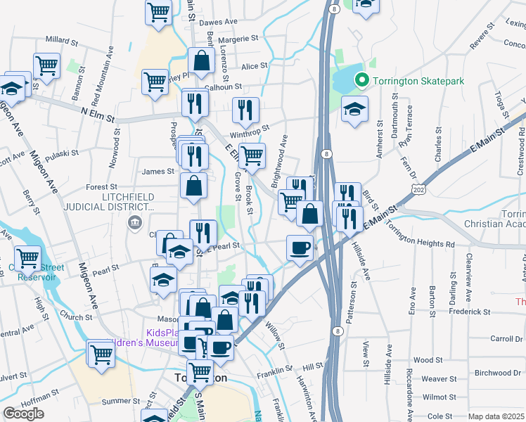 map of restaurants, bars, coffee shops, grocery stores, and more near 65 Brightwood Avenue in Torrington