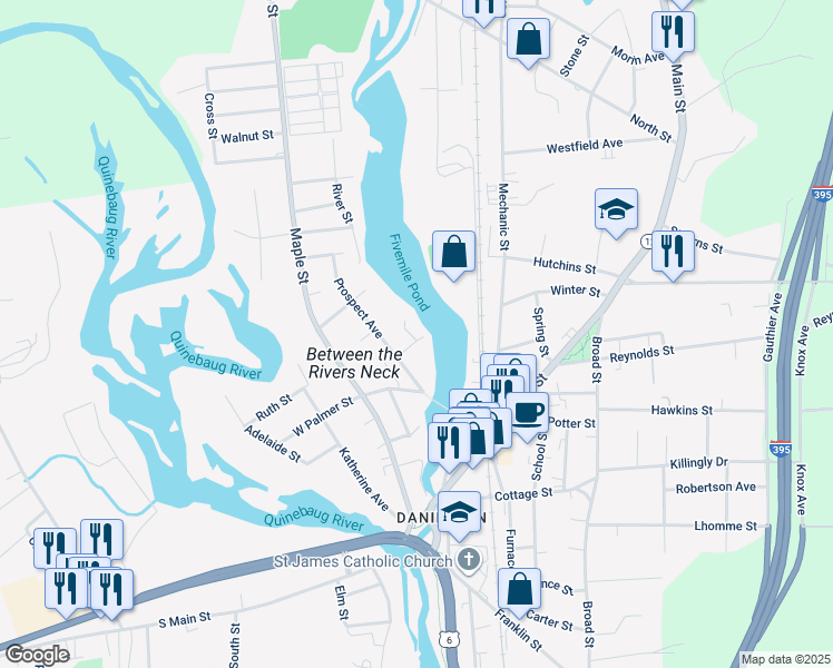 map of restaurants, bars, coffee shops, grocery stores, and more near 26 Buck Street in Killingly