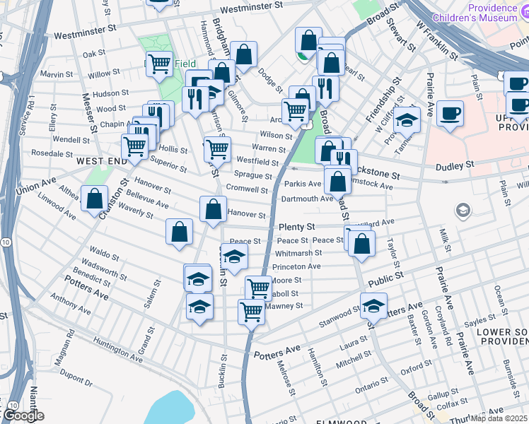 map of restaurants, bars, coffee shops, grocery stores, and more near 16 Woodman Street in Providence