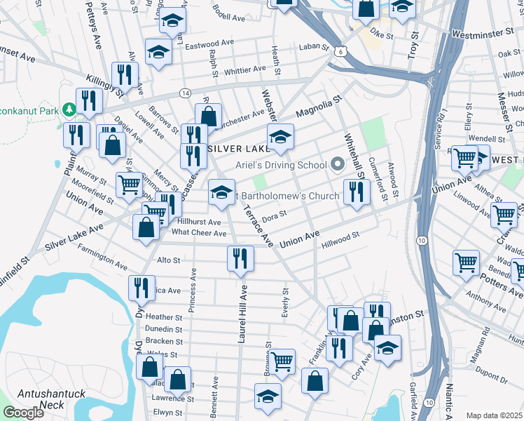 map of restaurants, bars, coffee shops, grocery stores, and more near 218 Progress Avenue in Providence