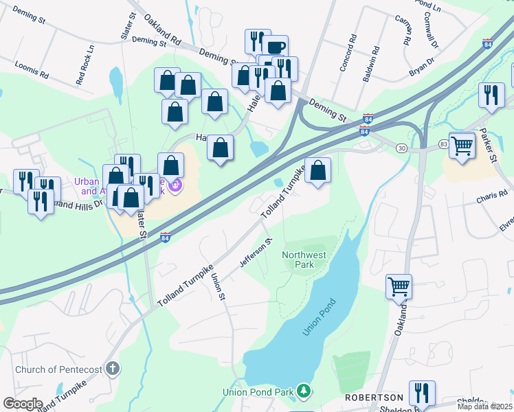 map of restaurants, bars, coffee shops, grocery stores, and more near 47 Nolan Circle in Manchester