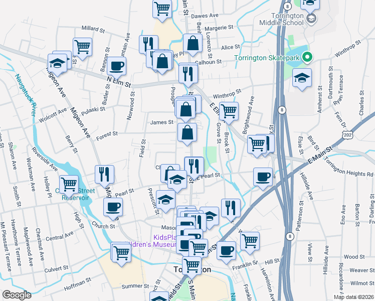 map of restaurants, bars, coffee shops, grocery stores, and more near 516 Prospect Street in Torrington