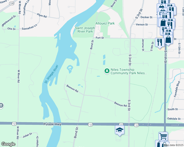 map of restaurants, bars, coffee shops, grocery stores, and more near 1513 Bond Street in Niles